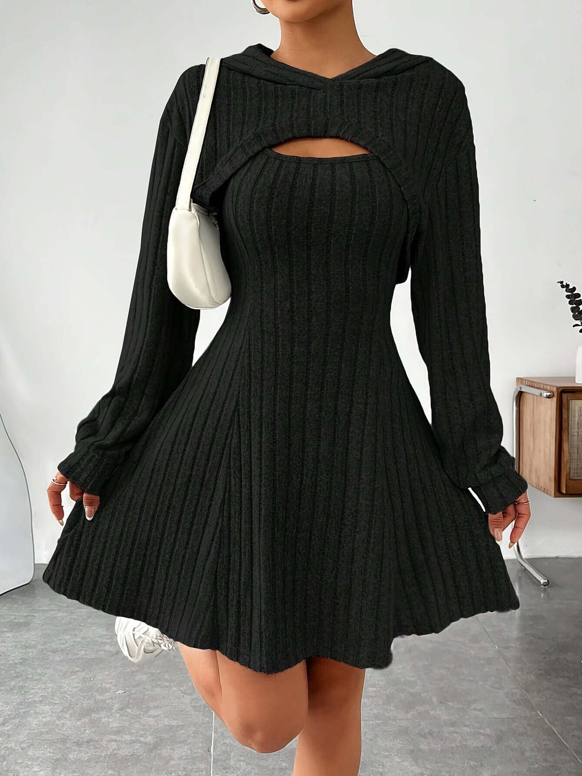 Women's Mini Knit Dress with Chest Cutout and Hood | Ribbed Texture, Long Sleeves, Flared Skirt | Sizes S-L, 6 Colors