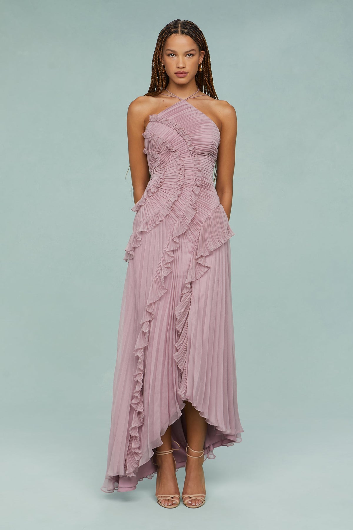 Women's Halter Neck Wedding Guest Dress | Pleated Drape and a Flowing Skirt for Garden Receptions | Size XS-XL