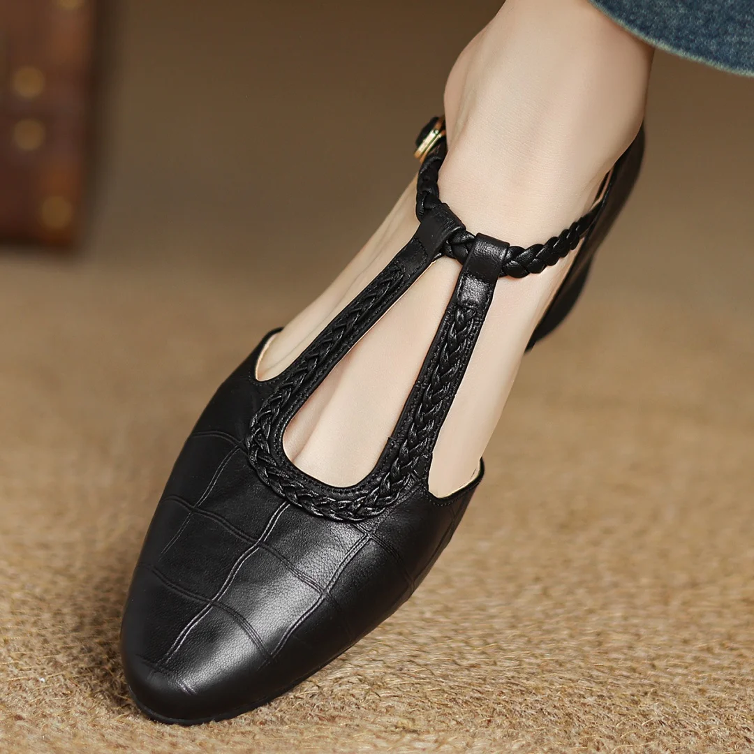 Women's Leather Mary Jane Ballet Flats | T-Strap Buckle, Tapered Toe and Cushioned Flat Sole | Size 5.5-8, Brown or Black