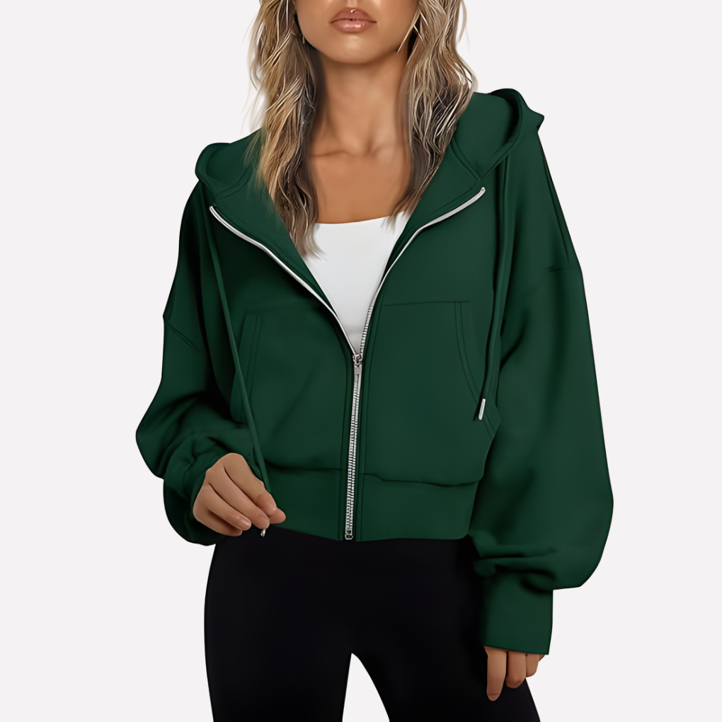 Women's Cropped Zip Up Hoodie with Adjustable Drawstring | Relaxed Sleeves, Printed Accents, Soft Interior | Size S-2XL