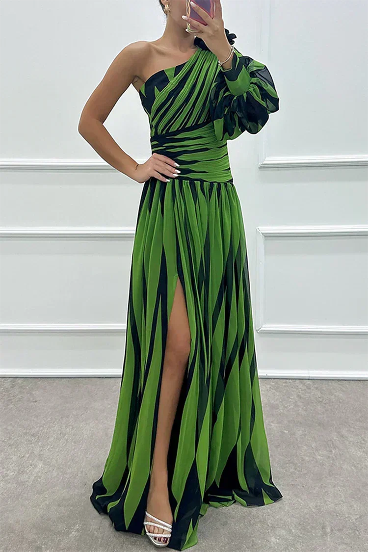 Women's Striped One Shoulder Maxi Dress | Pleated Skirt with a Front Slit and Fitted Waist | Size S-XL, 4 Colors