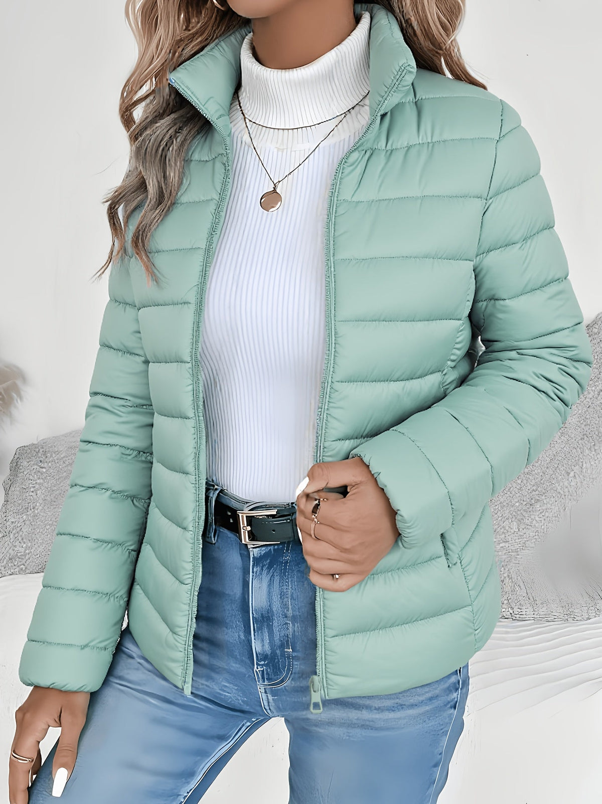 Women's Puffer Jacket with Down Filling and Fitted Cut | Knit, Zip Closure | For Winter | Size L-2XL | Matcha, Black, Khaki, Mint