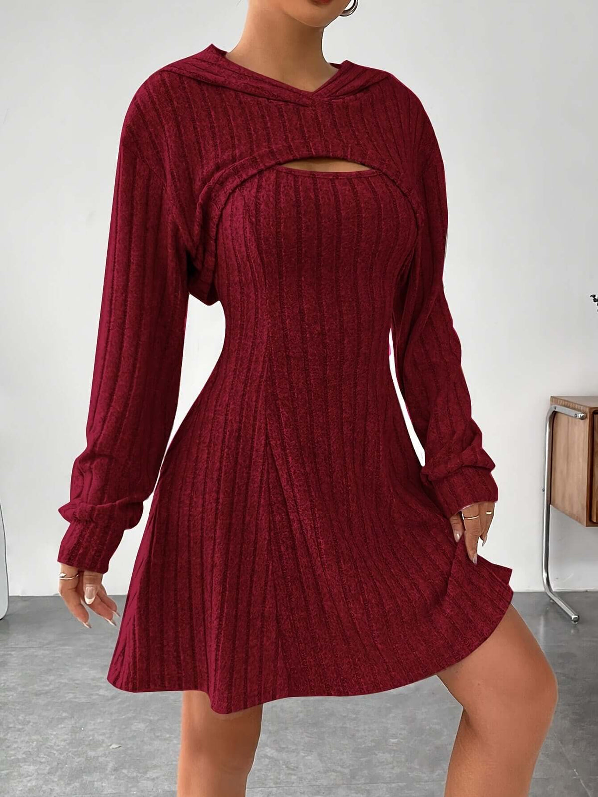 Women's Mini Knit Dress with Chest Cutout and Hood | Ribbed Texture, Long Sleeves, Flared Skirt | Sizes S-L, 6 Colors