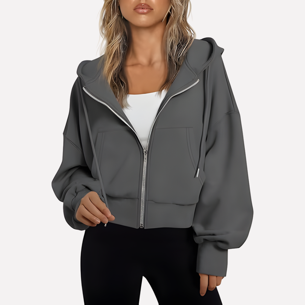 Women's Cropped Zip Up Hoodie with Adjustable Drawstring | Relaxed Sleeves, Printed Accents, Soft Interior | Size S-2XL