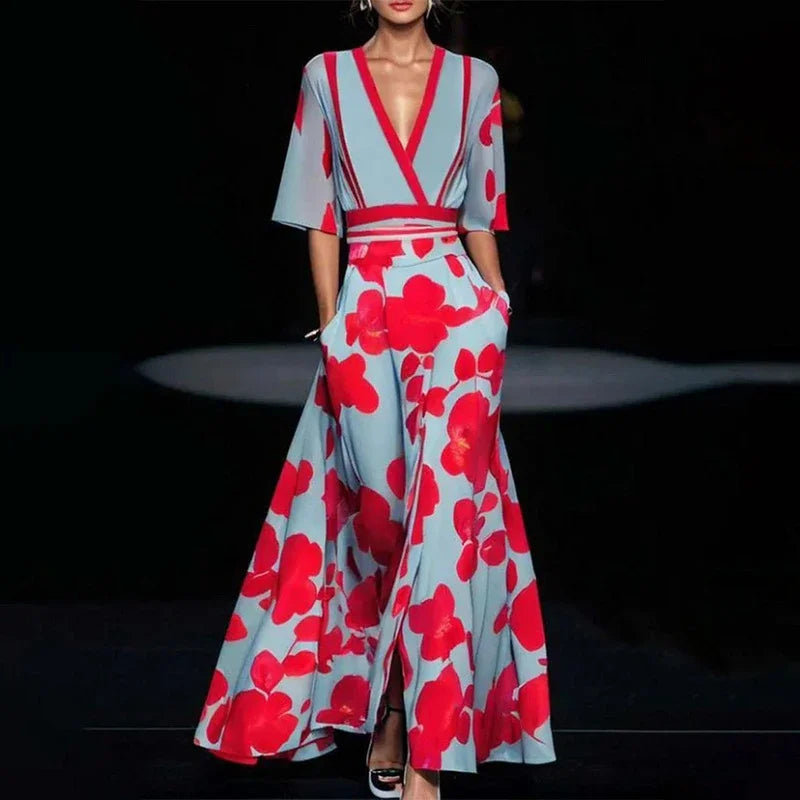 Floral Print A-Line Maxi Dress with V-Neckline