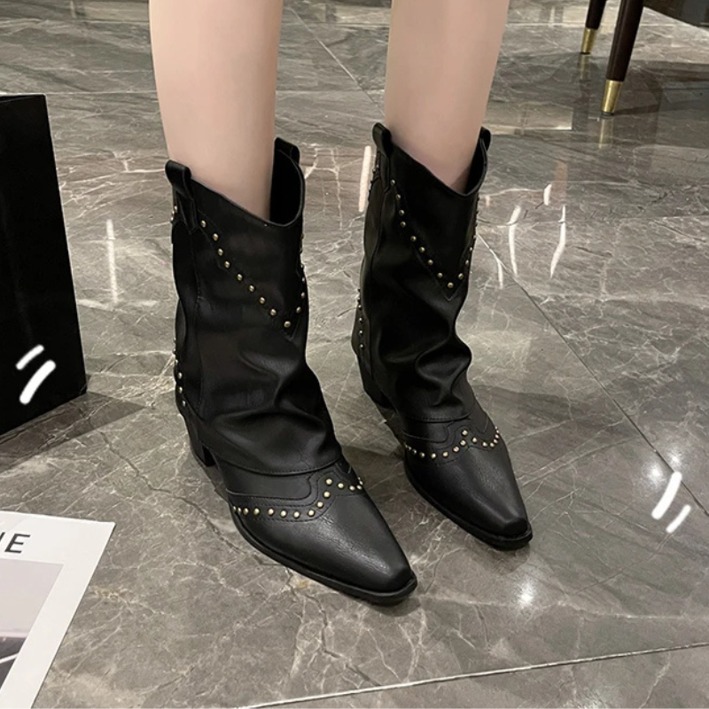 Women's Studded Western Boots with Metal Rivets | Medium Heel Cowgirl Style for Fall Nights | Size 5.5-9.5, 3 Colors