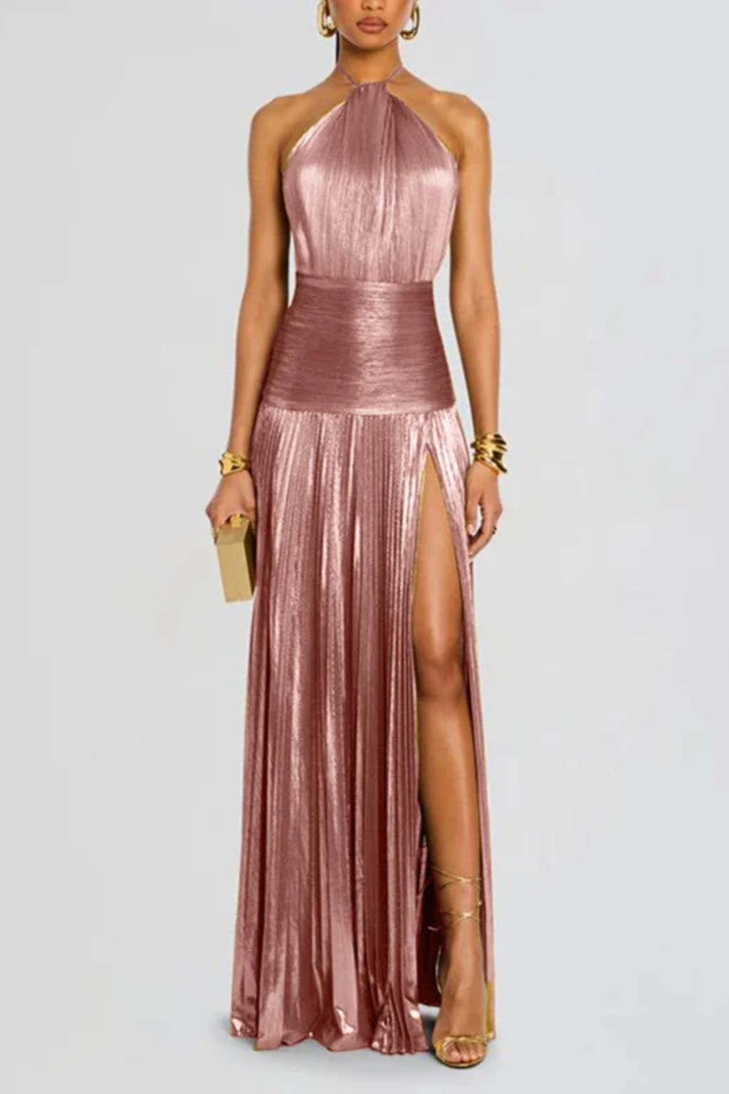 Women's Pleated Satin Maxi Dress with Halter Neck | Open Back, High Slit for Ceremonies | Sizes XS to 2XL, 5 Colors