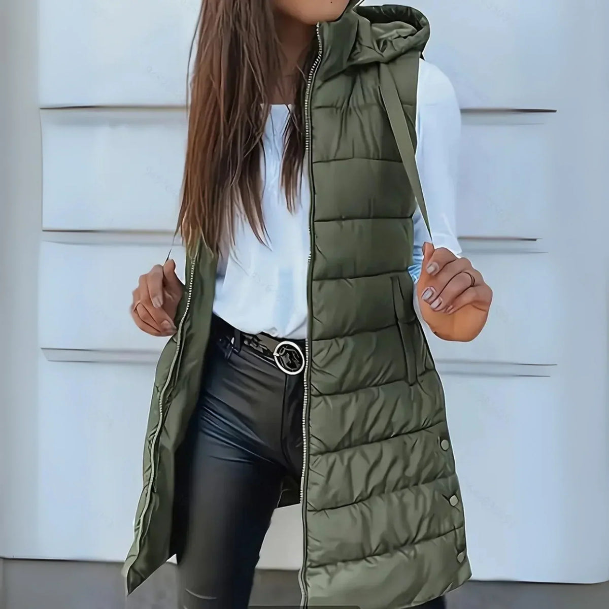Women's Long Hooded Puffer Vest for Layering | Lightweight Sleeveless Design Weighing 495 g, Easy Care | Size S-5XL