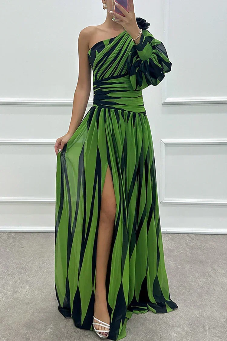 Women's Striped One Shoulder Maxi Dress | Pleated Skirt with a Front Slit and Fitted Waist | Size S-XL, 4 Colors