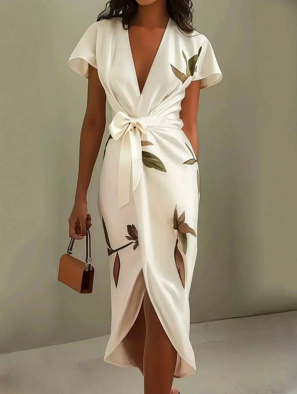 Women's Wrap Dress with a Tie Belt and Leaf Print | Flowing Skirt in White or Light Blue | Size S-3XL, 2 Colors