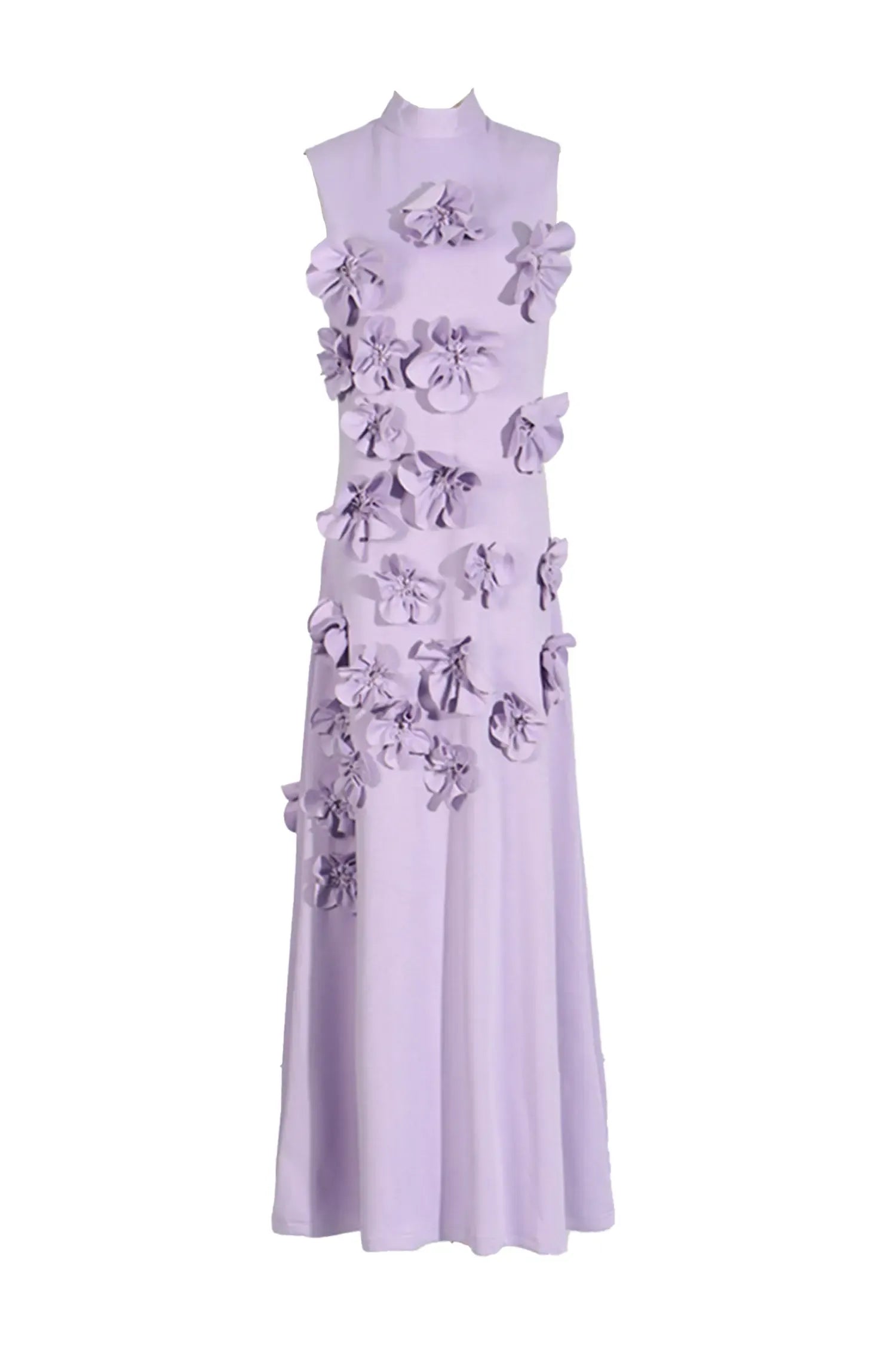 Maxi Dress with High Neckline and Embroidered Floral Detail