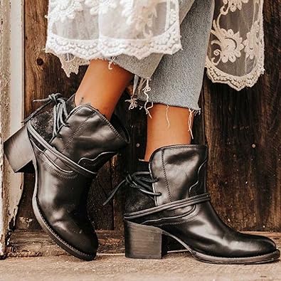 Women's Western Boots with Wrap Around Ankle Lacing | Stacked Block Heel, Cowgirl Style in Three Neutral Shades | Size 5-10.5, 3 Colors