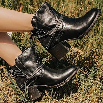 Women's Western Boots with Wrap Around Ankle Lacing | Stacked Block Heel, Cowgirl Style in Three Neutral Shades | Size 5-10.5, 3 Colors
