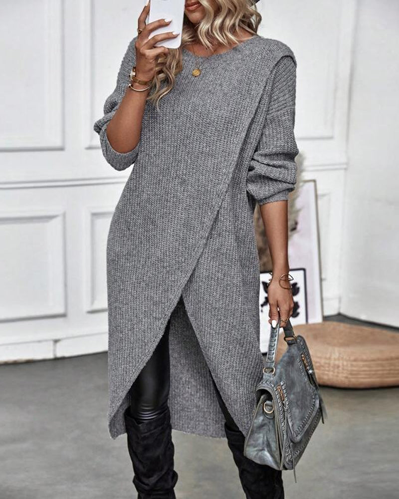 Women's Long Sleeve Sweater Dress with Crossover Split Hem | Ribbed Knit, Round Neck, Knee Length | Sizes S-XL, 4 Colors