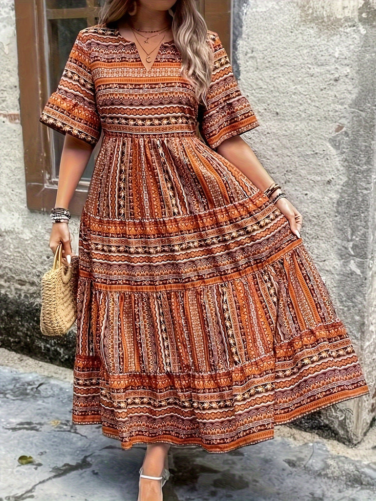 Women's Printed Boho Dress in Plus Sizes | Flowy Draped Line and a Breathable Lightweight Make | Size XL-4XL, 2 Colors