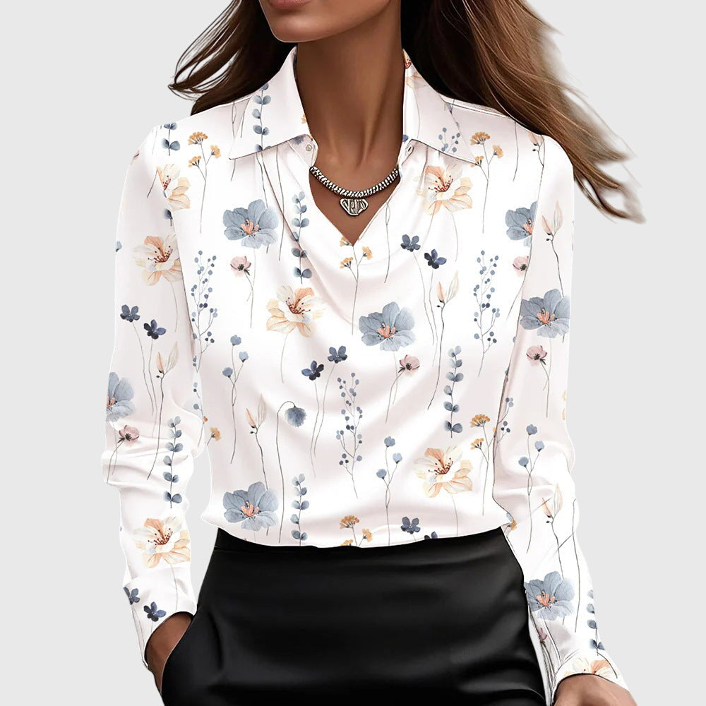 Women's Draped Blouse with Pleated Neckline and Subtle Shine | Flowy Dressy Top, Relaxed Fit | Size XS-3XL