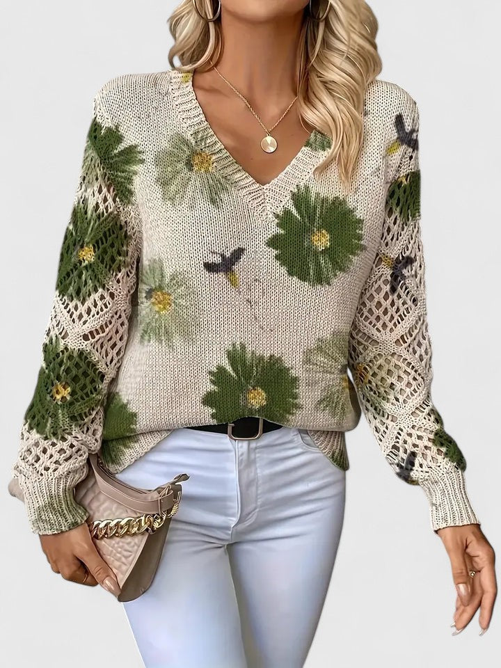 Women's Floral Knit Cardigan with V-Neck and Open Lattice Sleeves | Hip-Length Layering Sweater | Size S-2XL