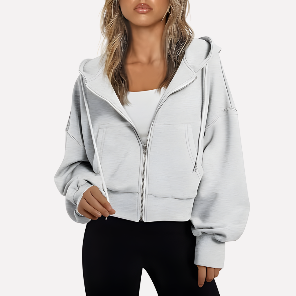 Women's Cropped Zip Up Hoodie with Adjustable Drawstring | Relaxed Sleeves, Printed Accents, Soft Interior | Size S-2XL