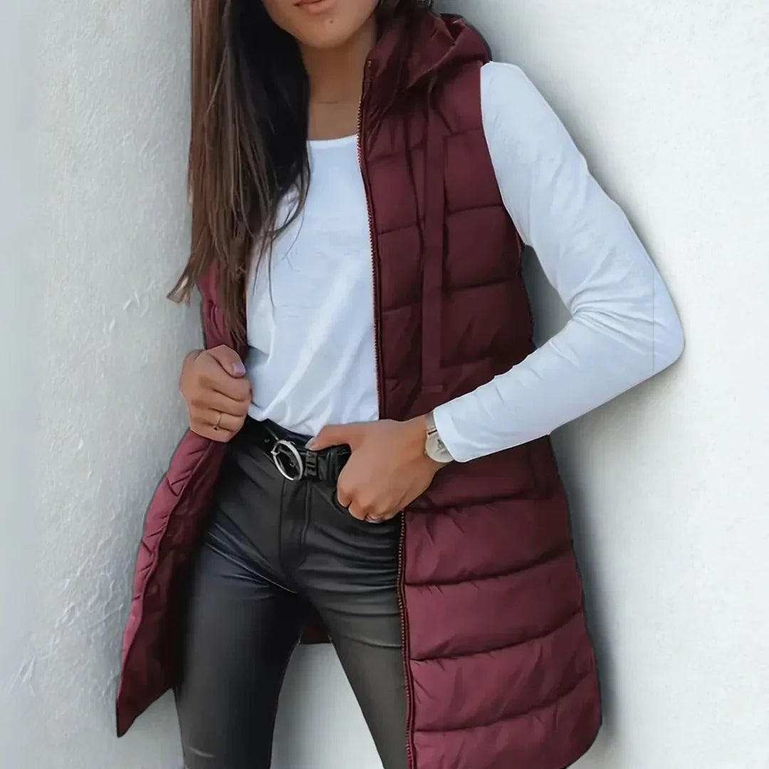 Women's Long Hooded Puffer Vest for Layering | Lightweight Sleeveless Design Weighing 495 g, Easy Care | Size S-5XL