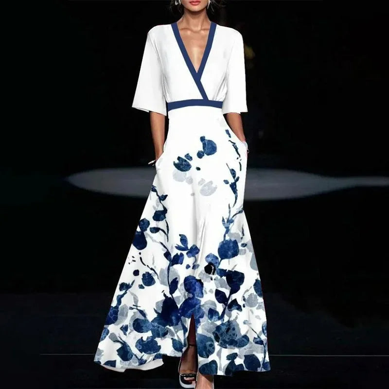 Floral Print A-Line Maxi Dress with V-Neckline