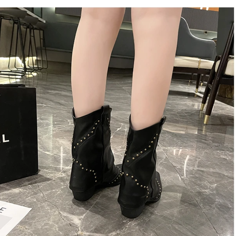 Women's Studded Western Boots with Metal Rivets | Medium Heel Cowgirl Style for Fall Nights | Size 5.5-9.5, 3 Colors