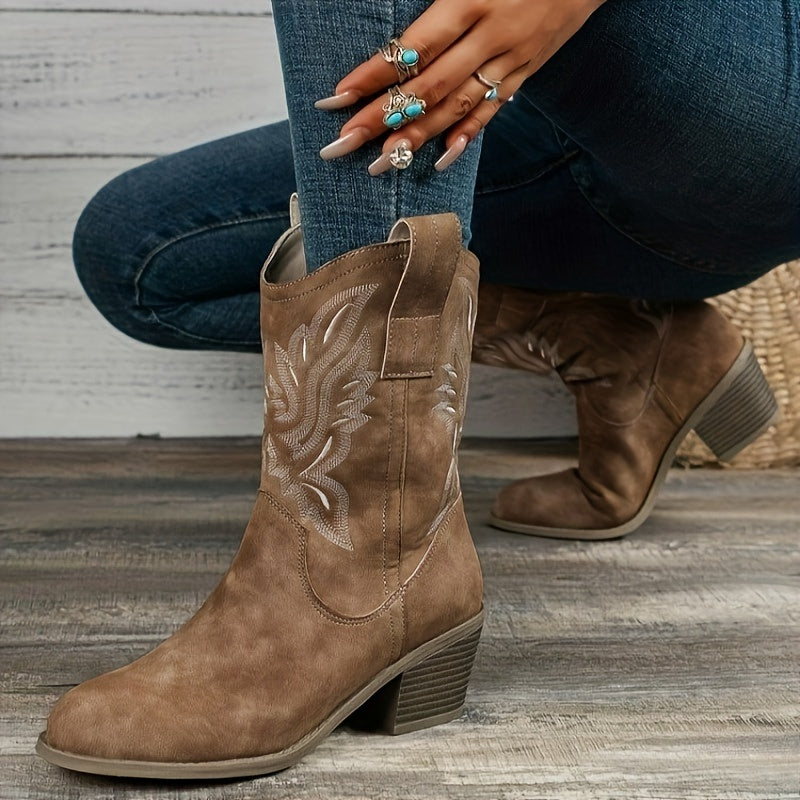 Women's Heeled Boots with Block Heel and Embroidery | Size 5.5-12 | Camel, Black, Beige