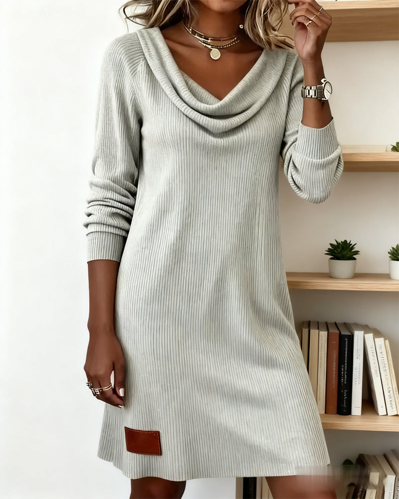 Women's Ribbed Sweater Dress with Draped Cowl Neck | Long Sleeves, Straight Cut, Above the Knee | Sizes S-2XL, 3 Colors
