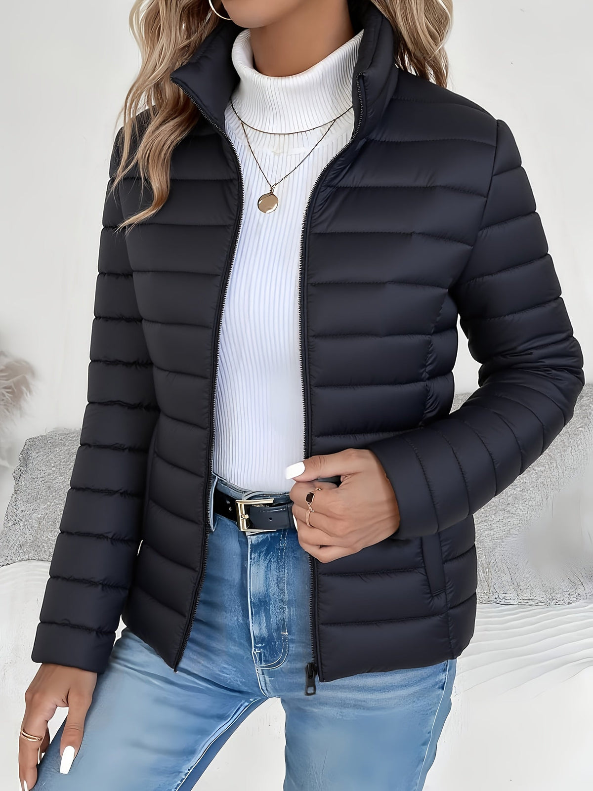 Women's Puffer Jacket with Down Filling and Fitted Cut | Knit, Zip Closure | For Winter | Size L-2XL | Matcha, Black, Khaki, Mint