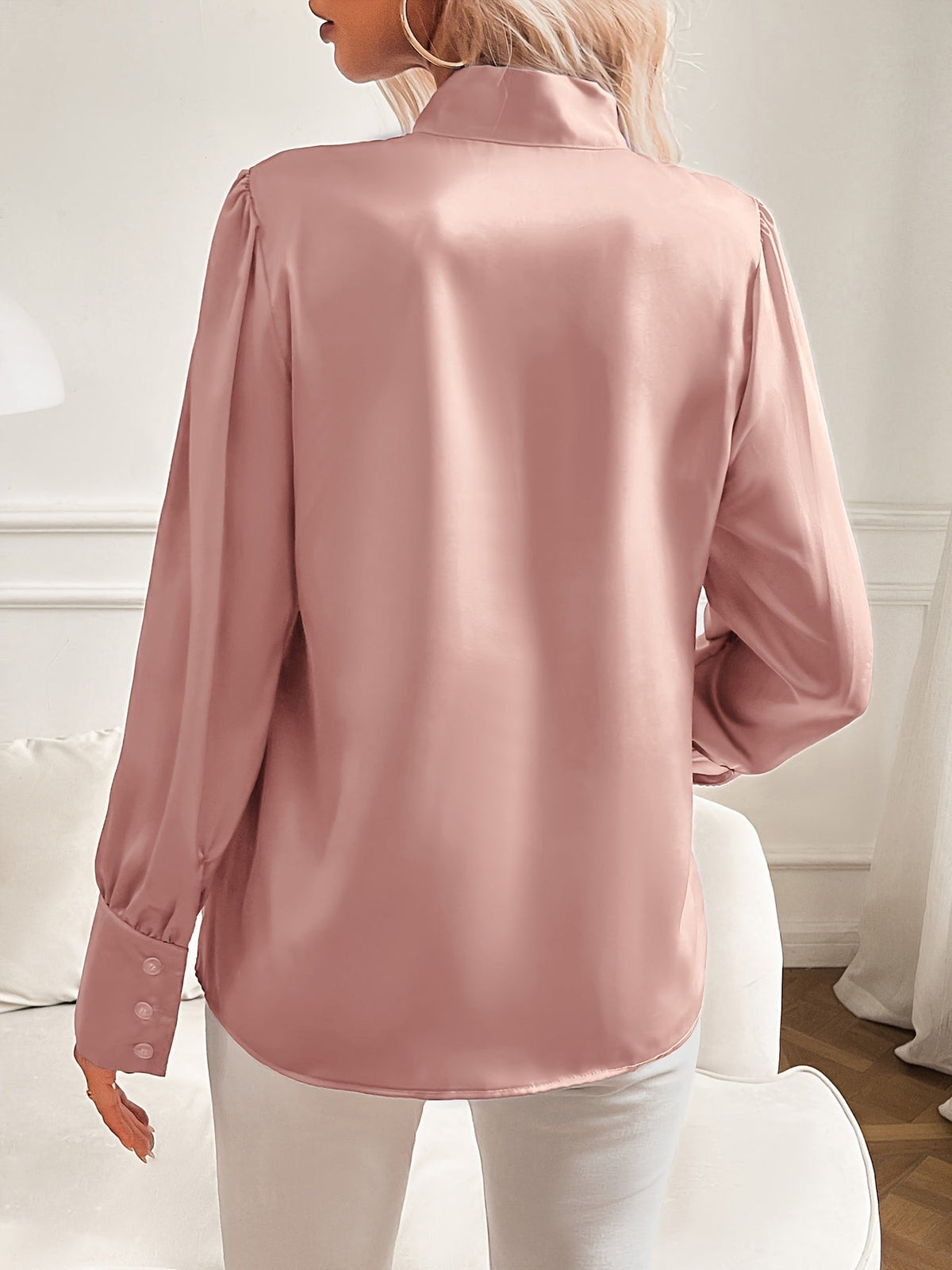 Women's Satin Bow Blouse with Stand Collar | Long Sleeves, Buttoned Cuffs, Regular Cut | Sizes XS to 3XL, 2 Colors