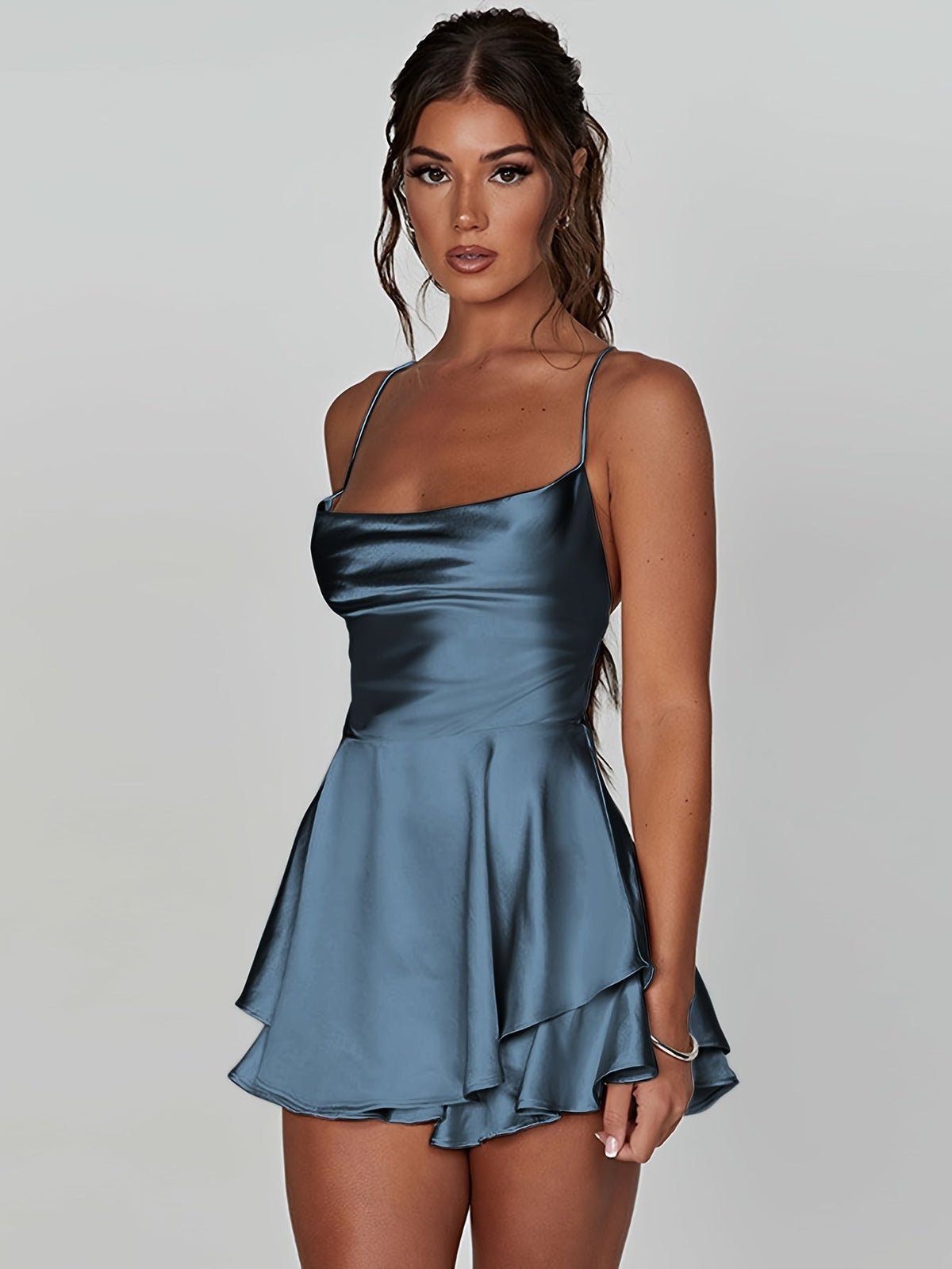 Women's Satin Mini Dress with Ruffled Skirt | Cowl Neckline, Thin Straps, Fitted Bodice | Sizes XS to XL, 10 Colors