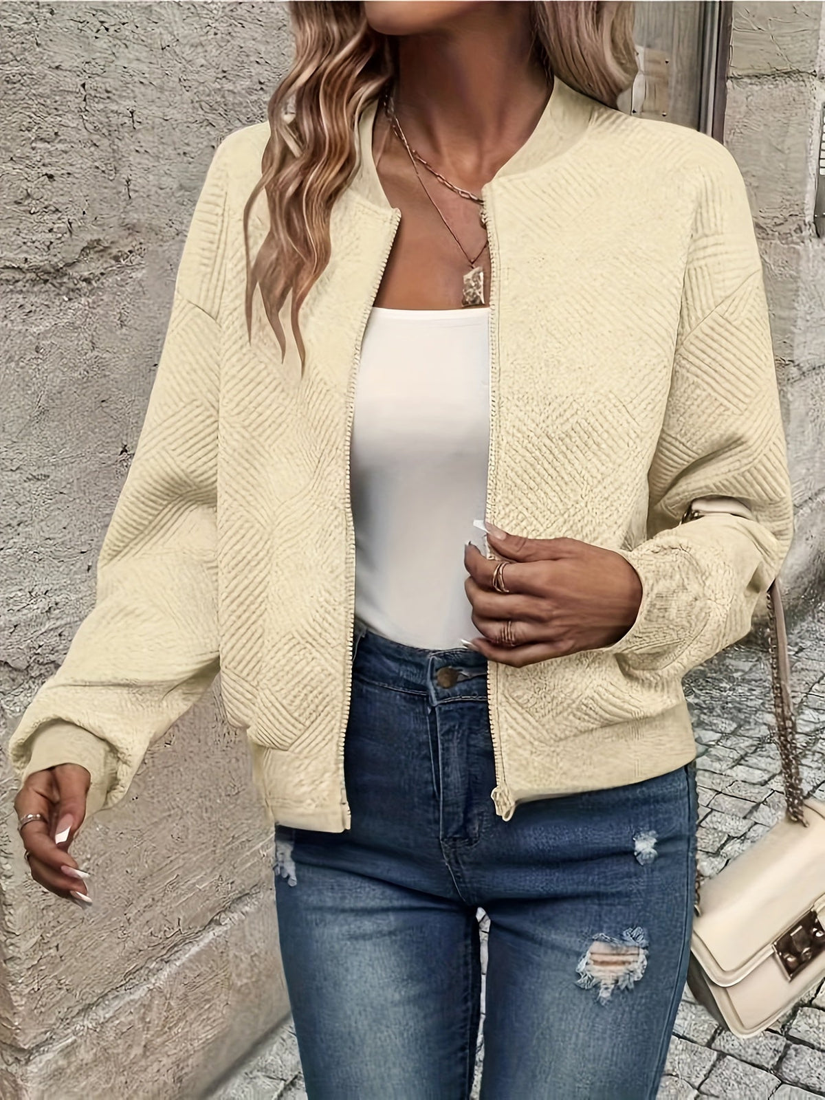 Women's Lightweight Zip-Up Jacket with Stand Collar | Waist Length, Stretch Polyester, Wrinkle Resistant | Size S-2XL