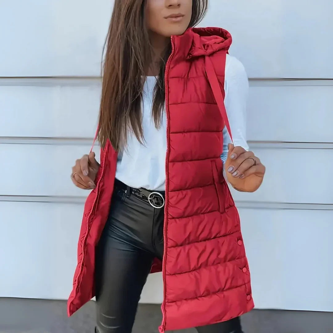 Women's Long Hooded Puffer Vest for Layering | Lightweight Sleeveless Design Weighing 495 g, Easy Care | Size S-5XL