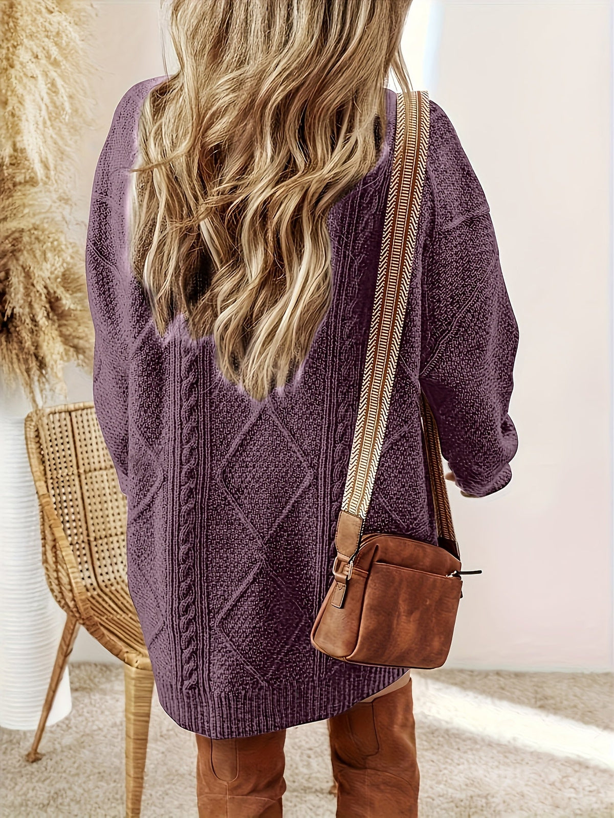 Women's Cable Knit Sweater Dress with Diamond Texture | Round Neck, Patch Pockets | Sizes S-2XL, 2 Colors