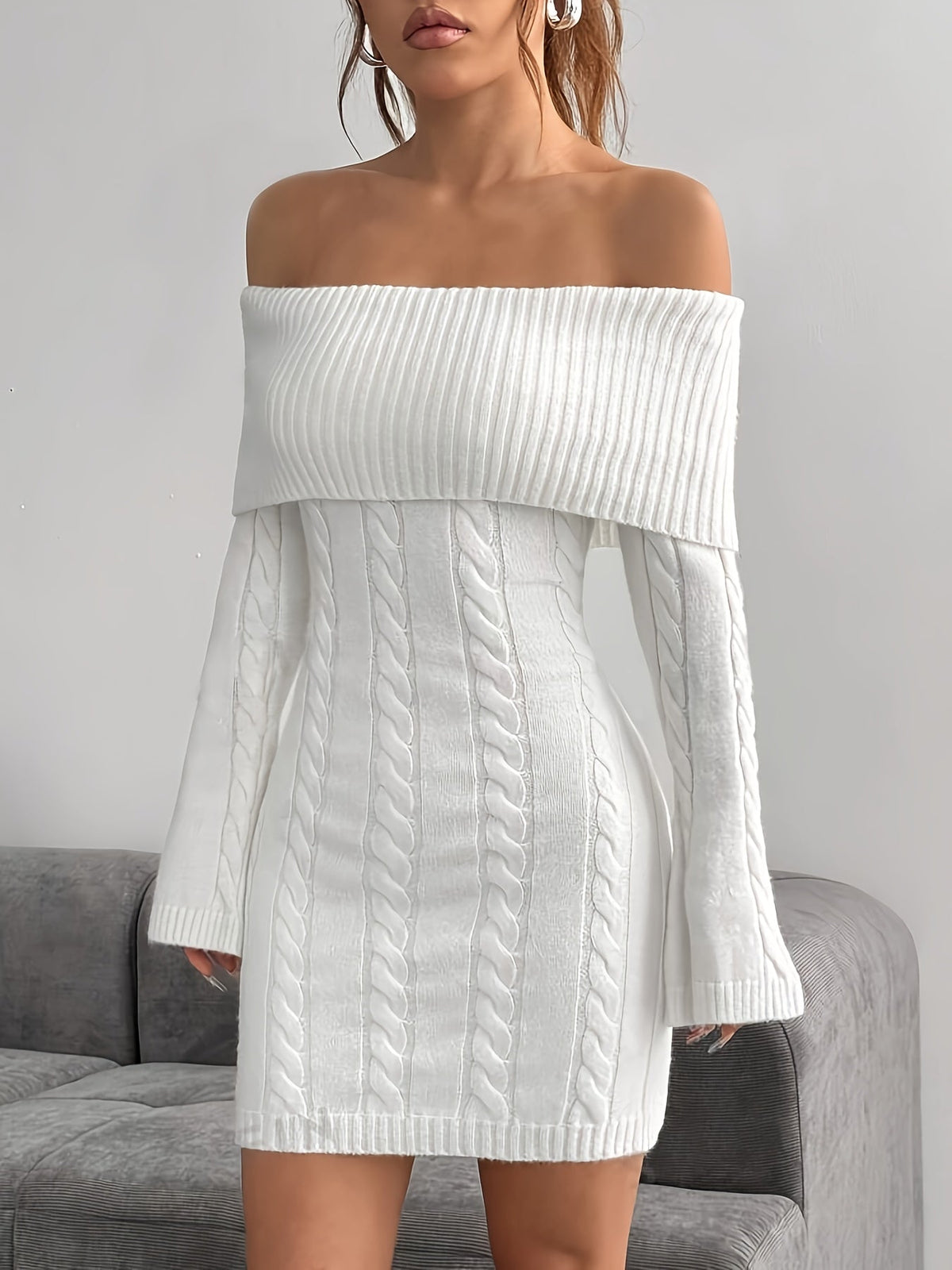Women's Off Shoulder Knit Dress in Cable Texture | Foldover Collar and Flared Sleeves | Sizes S-2XL, 5 Colors