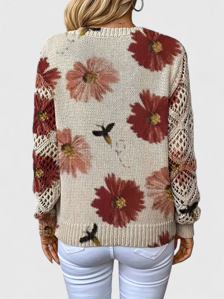 Women's Floral Knit Cardigan with V-Neck and Open Lattice Sleeves | Hip-Length Layering Sweater | Size S-2XL