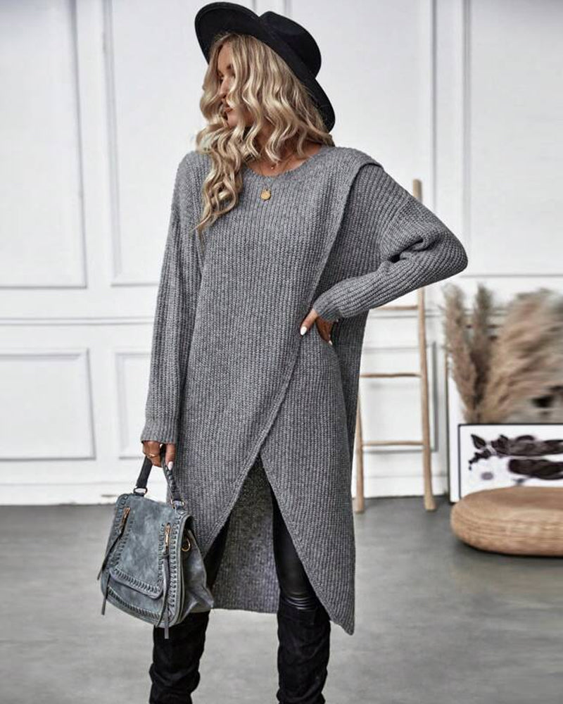 Women's Long Sleeve Sweater Dress with Crossover Split Hem | Ribbed Knit, Round Neck, Knee Length | Sizes S-XL, 4 Colors