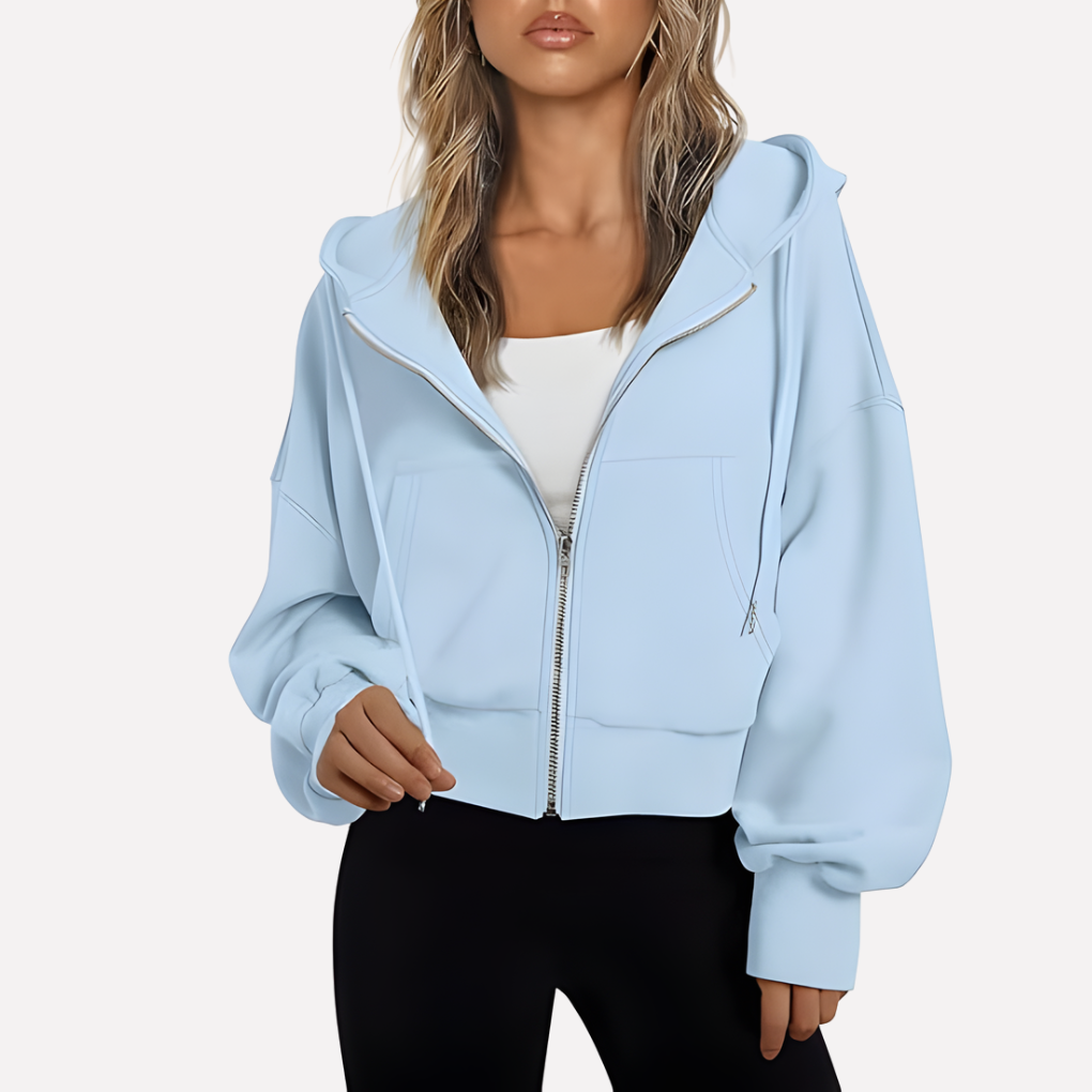 Women's Cropped Zip Up Hoodie with Adjustable Drawstring | Relaxed Sleeves, Printed Accents, Soft Interior | Size S-2XL