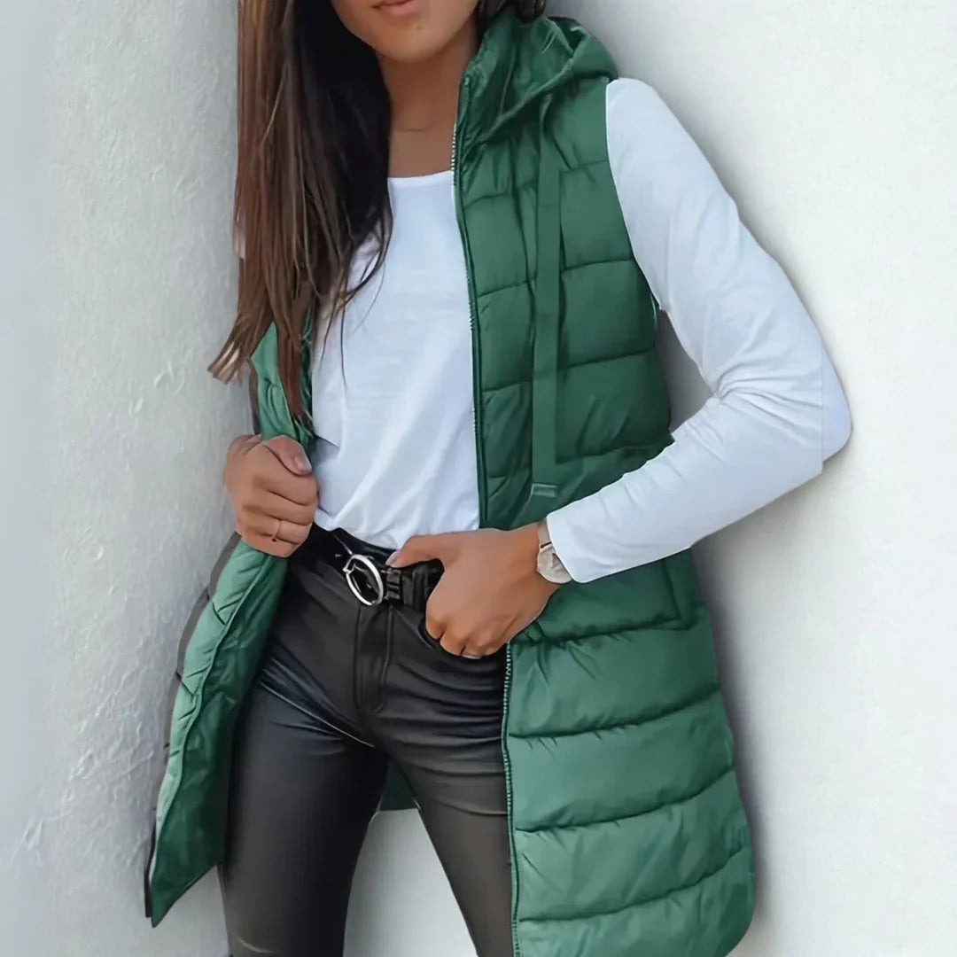 Women's Long Hooded Puffer Vest for Layering | Lightweight Sleeveless Design Weighing 495 g, Easy Care | Size S-5XL