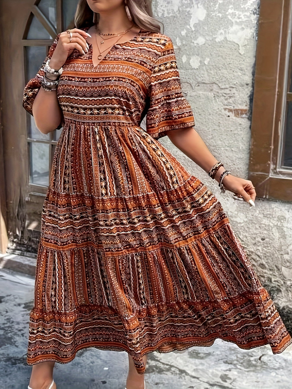 Women's Printed Boho Dress in Plus Sizes | Flowy Draped Line and a Breathable Lightweight Make | Size XL-4XL, 2 Colors