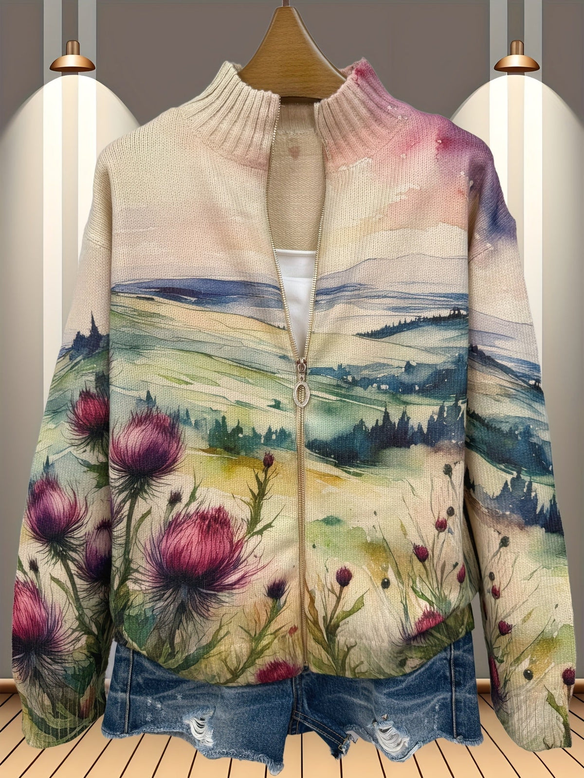 Women's Zip Up Knit Cardigan with Watercolor Thistle Print | Ribbed Stand Collar, Frayed Hem, Relaxed Fit | Size S-3XL