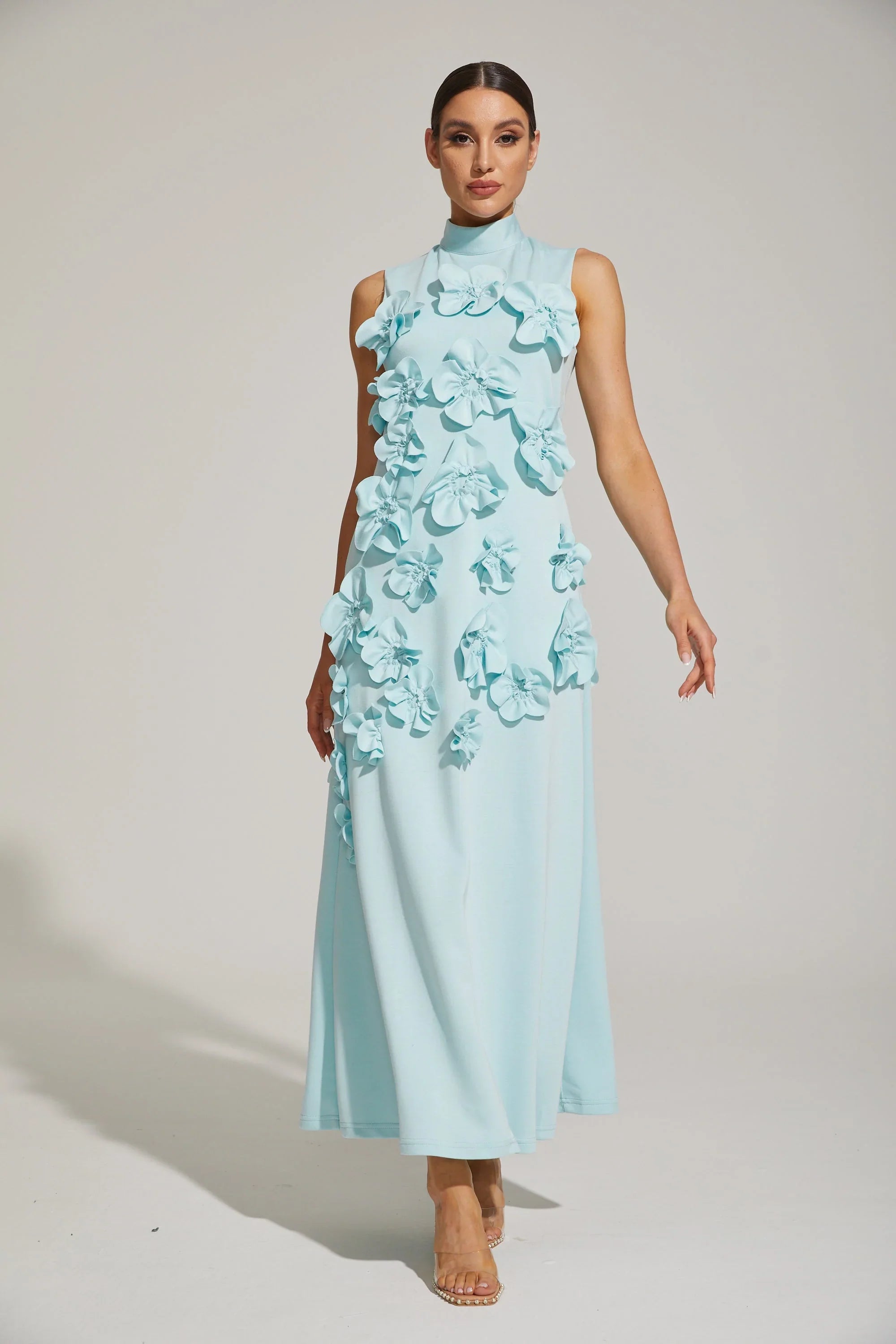 Maxi Dress with High Neckline and Embroidered Floral Detail