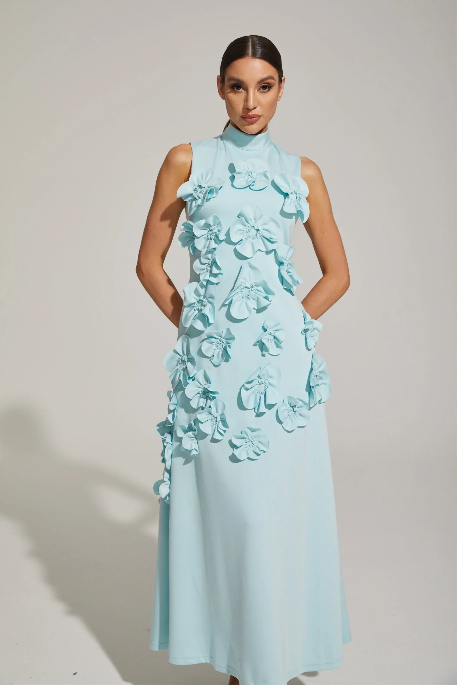 Maxi Dress with High Neckline and Embroidered Floral Detail