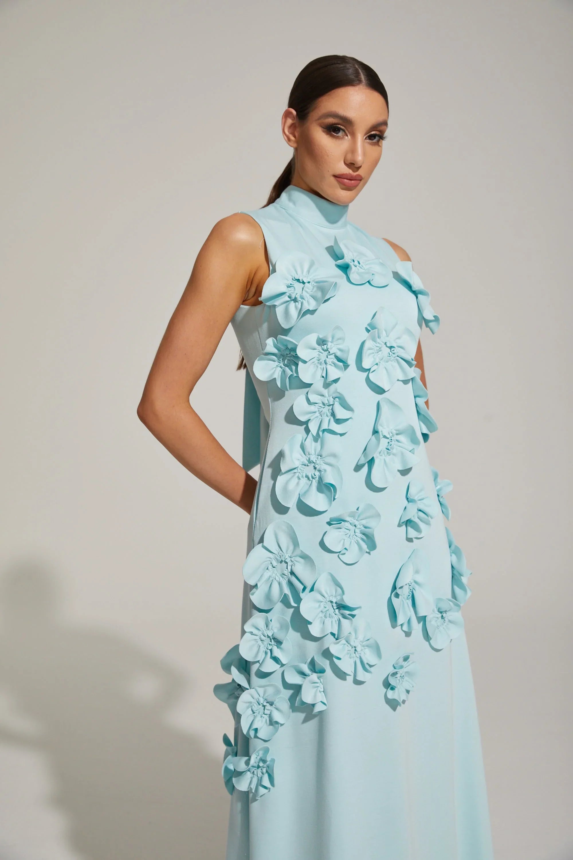 Maxi Dress with High Neckline and Embroidered Floral Detail