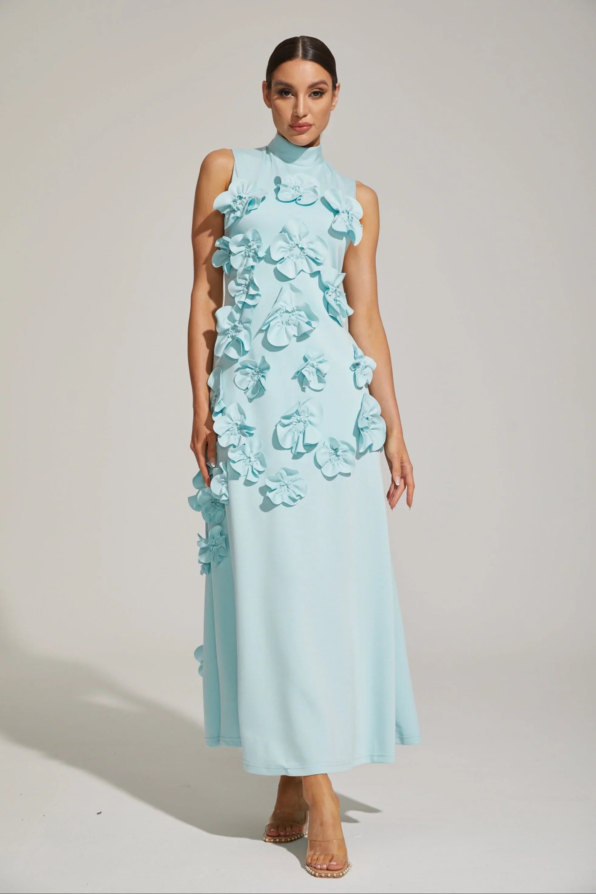 Maxi Dress with High Neckline and Embroidered Floral Detail