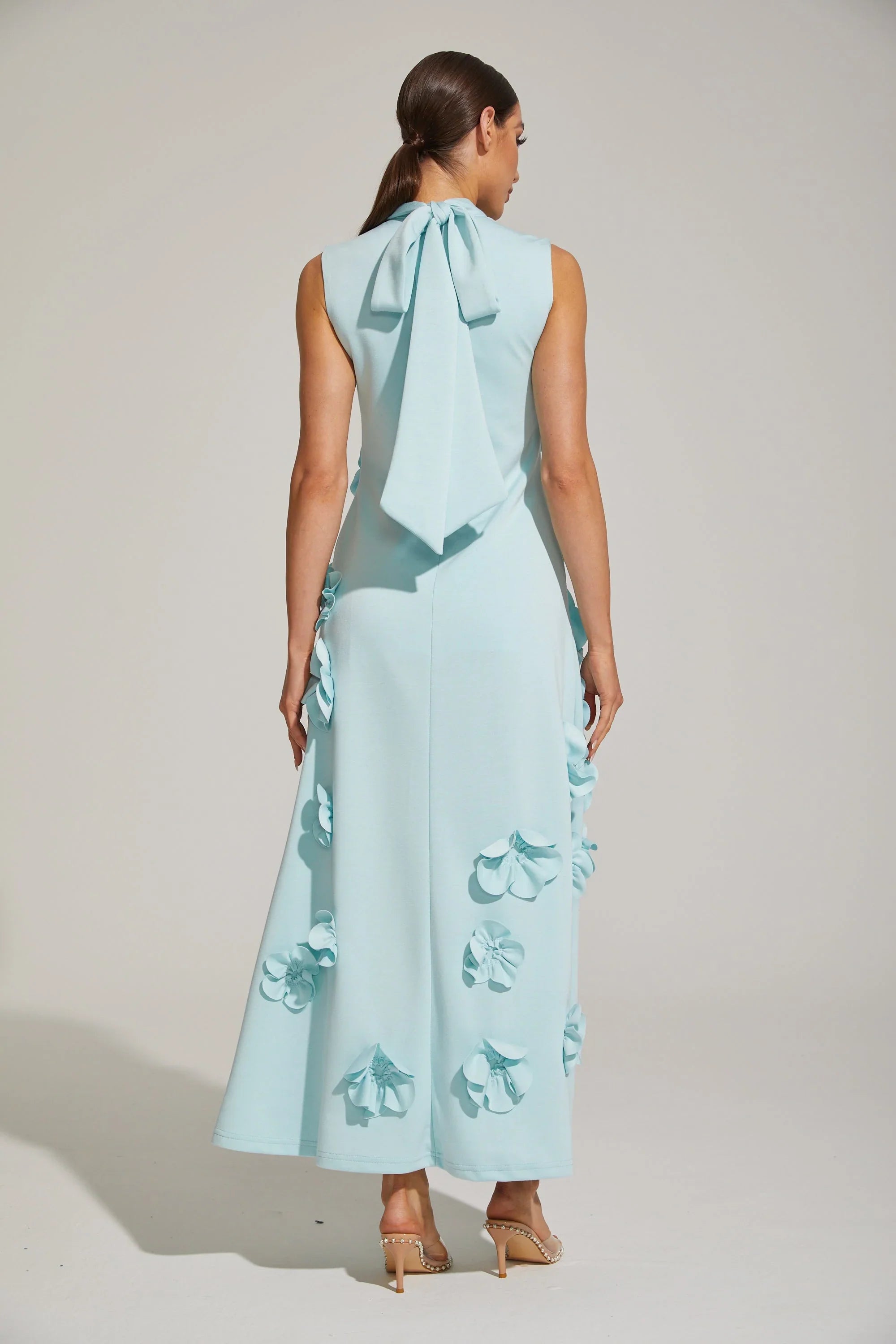 Maxi Dress with High Neckline and Embroidered Floral Detail