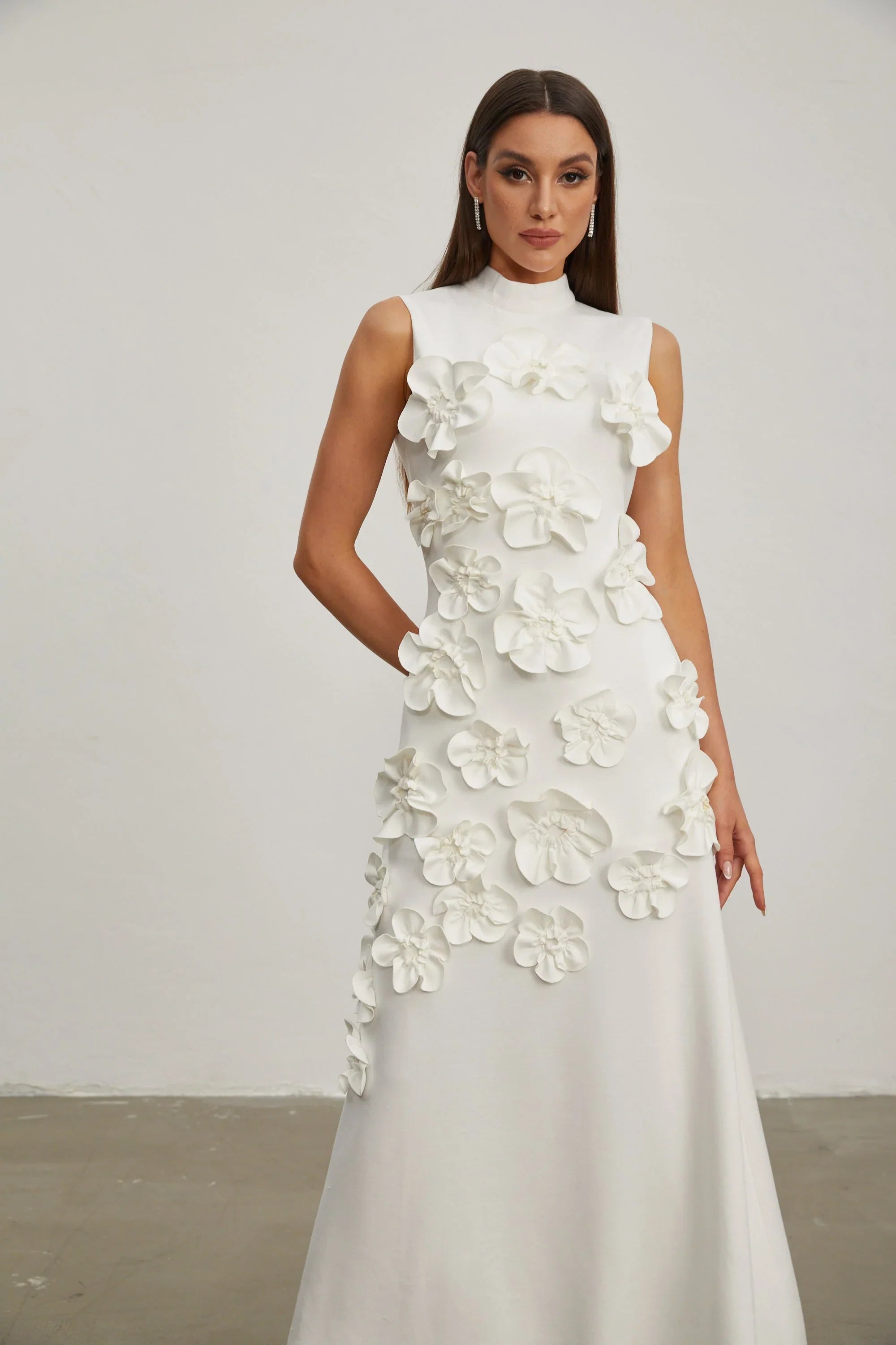 Maxi Dress with High Neckline and Embroidered Floral Detail