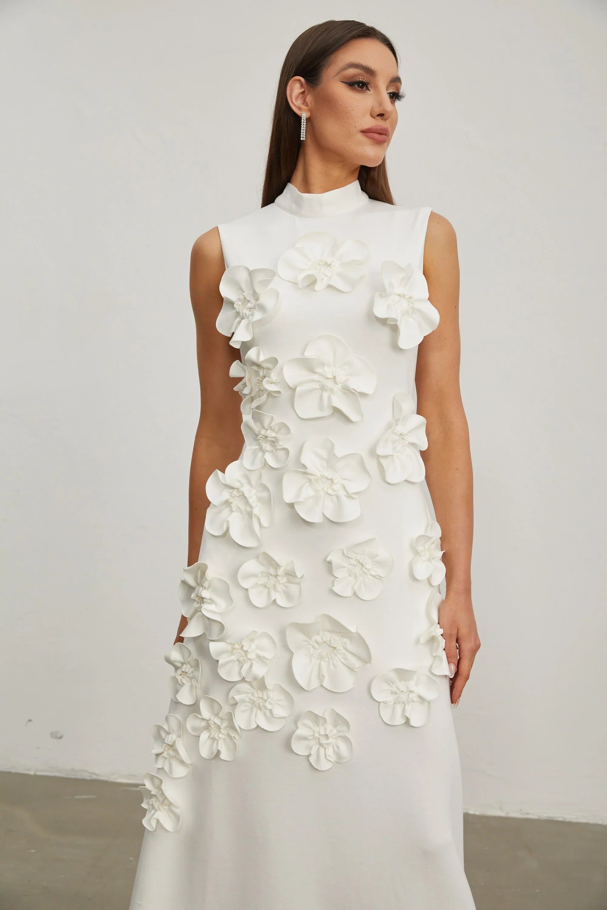 Maxi Dress with High Neckline and Embroidered Floral Detail