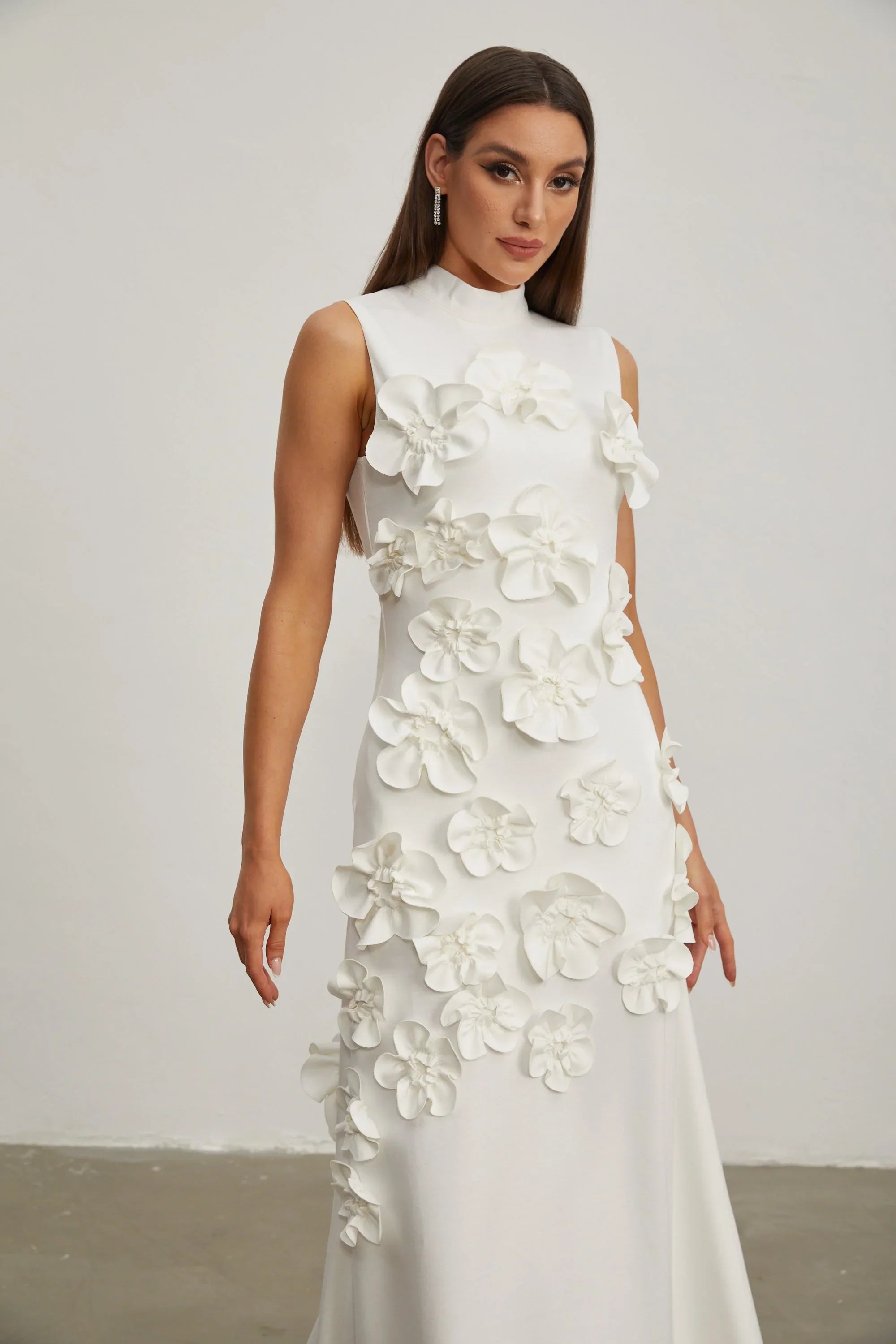 Maxi Dress with High Neckline and Embroidered Floral Detail