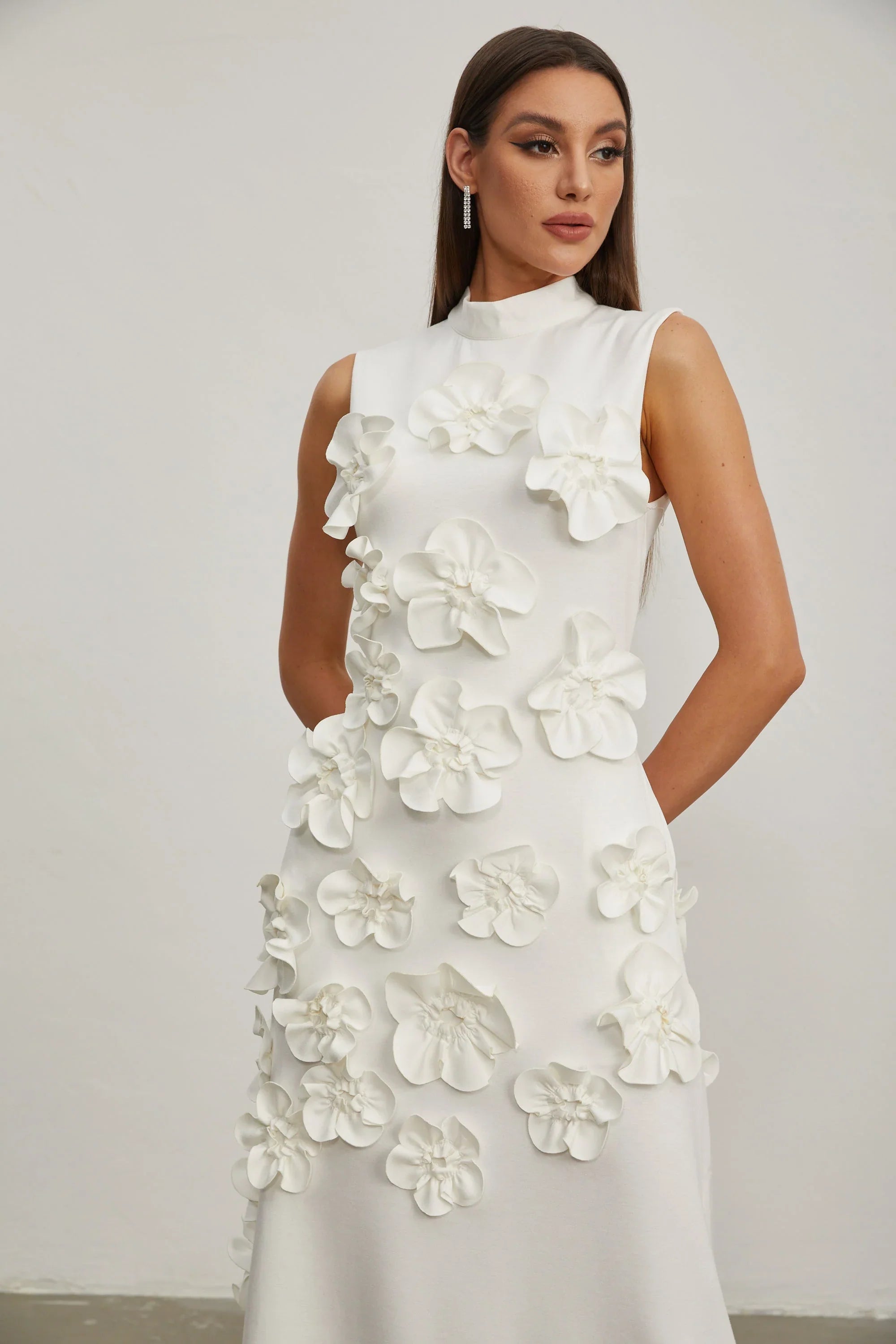 Maxi Dress with High Neckline and Embroidered Floral Detail