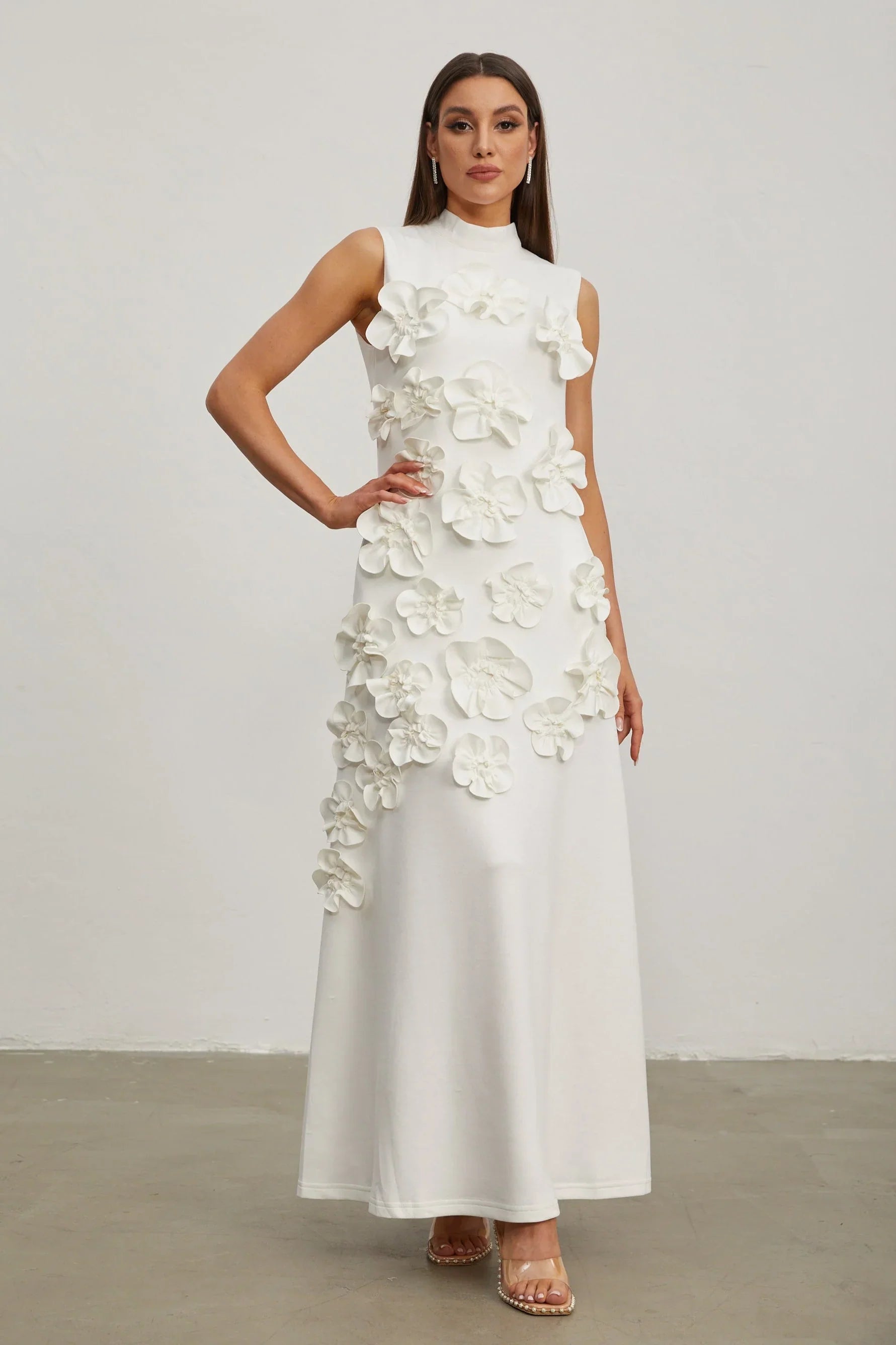 Maxi Dress with High Neckline and Embroidered Floral Detail